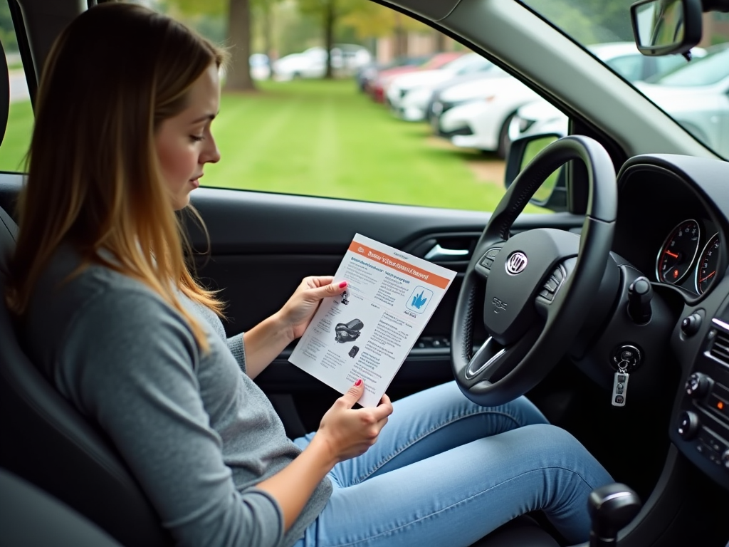 Женщина читает брошюру в автомобиле Buick, стоящем на парковке.